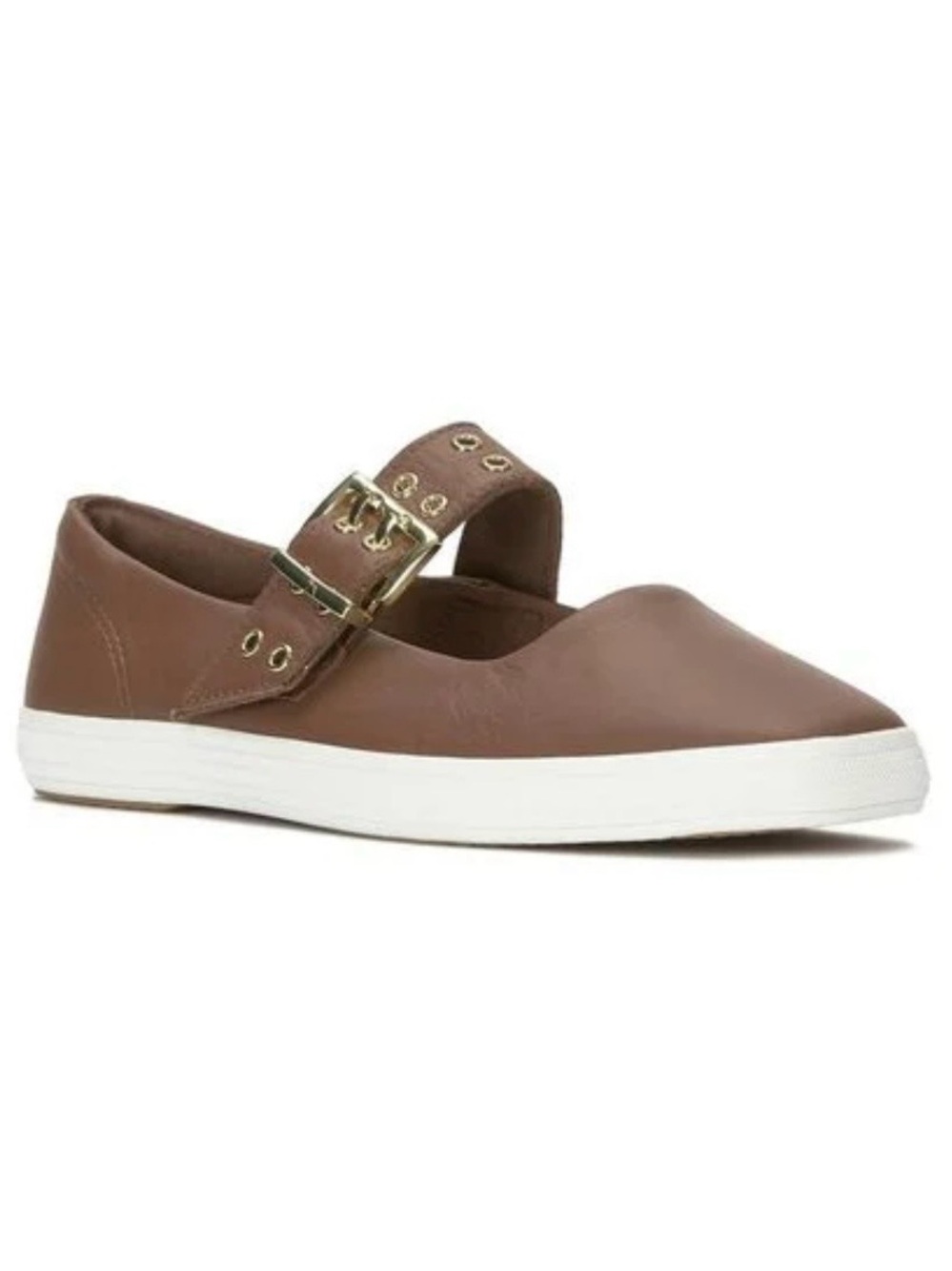 Keds Brown Leather Mary Jane Flats with Gold Buckle Square Toe Sneakers Size 9